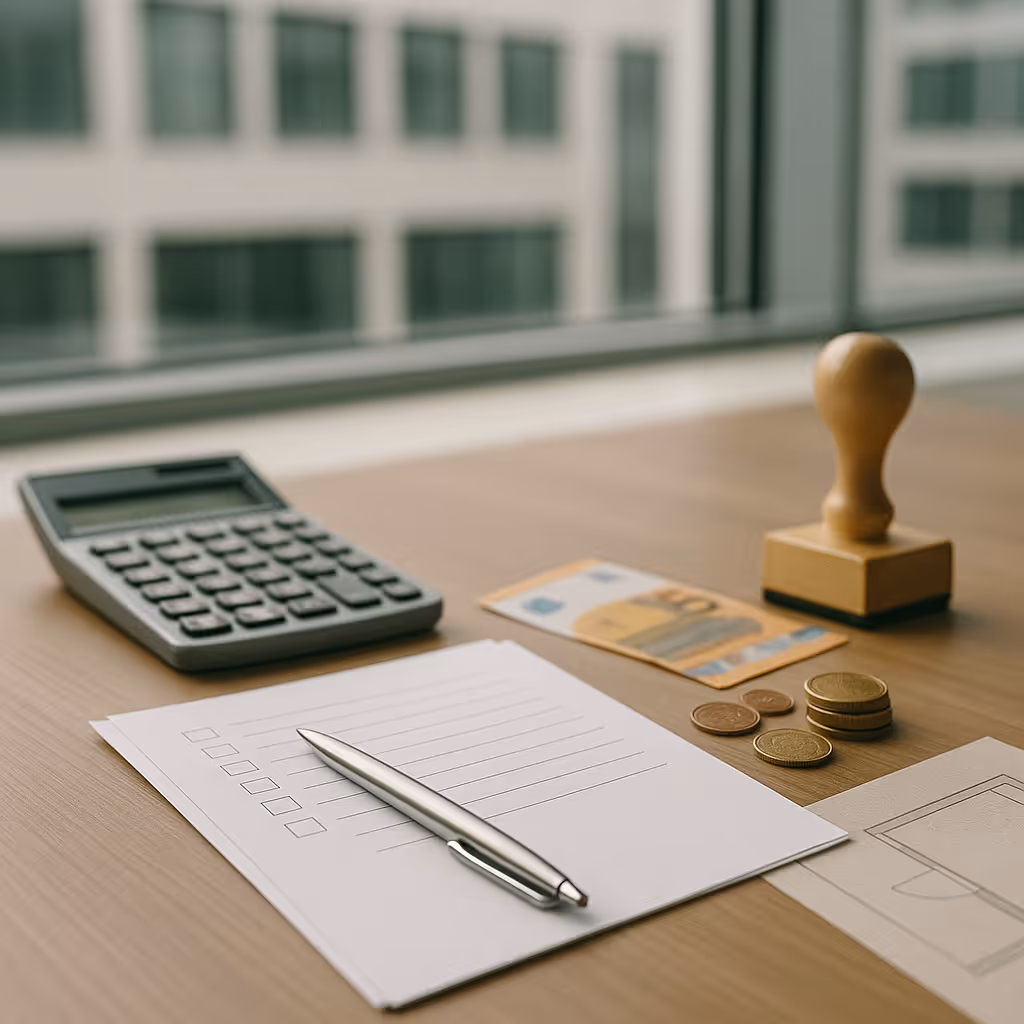 Unterlagen, Stempel und Euro auf Schreibtisch – Begleitung bei Immobilienfinanzierungen (privat & gewerblich) in Bielefeld, Herford & OWL